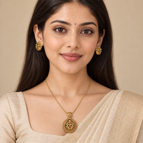Goddess Oval Pendant Necklace with Ruby-Tone Accent