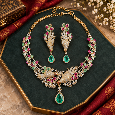 Gold CZ Peacock Necklace Set | Ruby Green Stone Emerald Drop