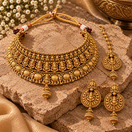  Gold Elephant Motif Choker Set with Chandbali Earrings & Maang Tikka