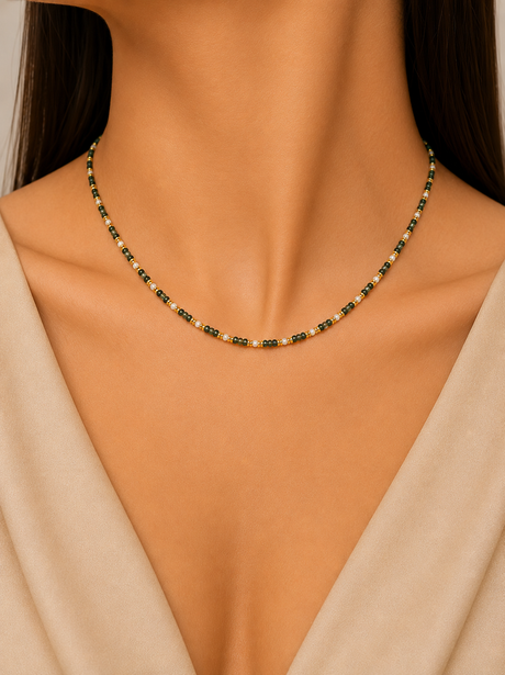 Necklace on a model with a neutral background