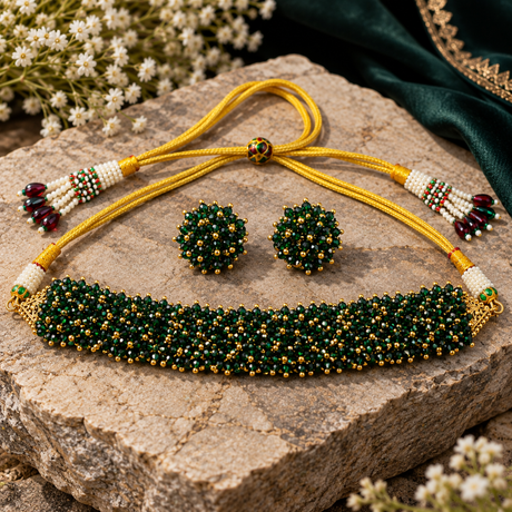 A beaded jewelry set displayed on a stone surface, including a long necklace with a wide dark green and gold beaded bar, matching round seed bead earrings, and decorative tassel ends with white beads and red stones. The set is styled with a dark green fabric and small white flowers.