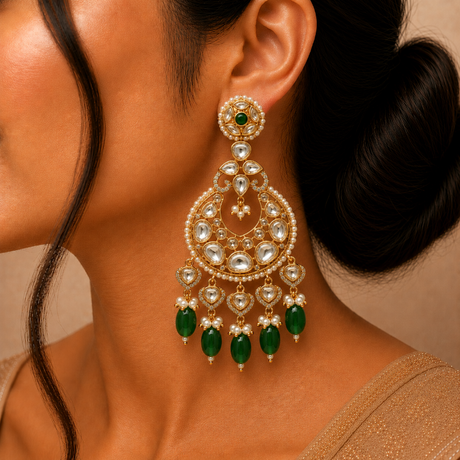 Close-up of a woman wearing an ornate earring with green gemstones.