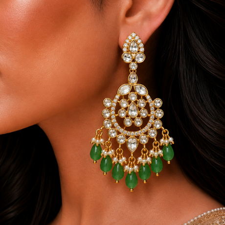 Close-up of a woman wearing a gold and green earring with intricate design.