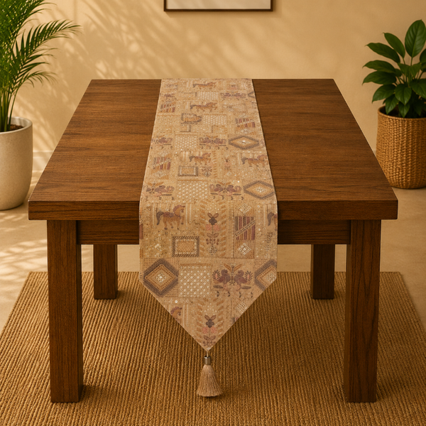 Wooden table with a patterned table runner in a room with plants and a rug.