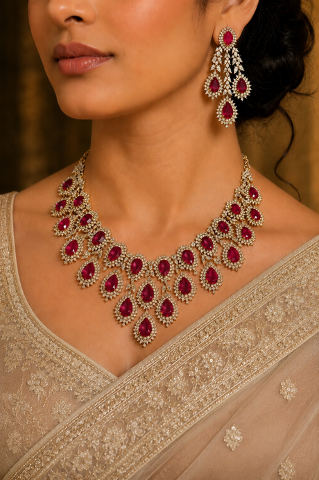 Woman wearing a luxurious red gemstone necklace and earrings with a beige saree.