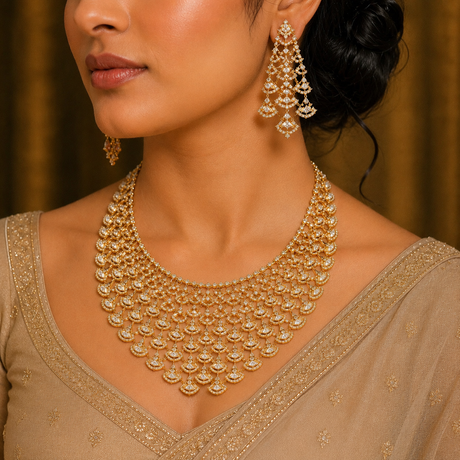 Woman wearing a gold necklace and earrings with a blurred background