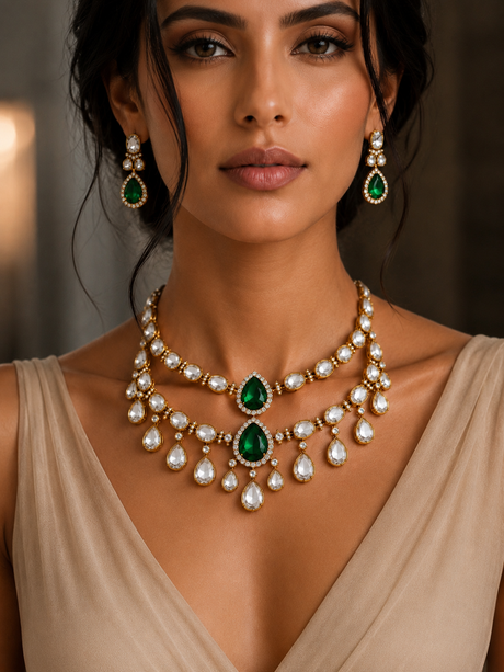 Woman wearing a luxurious necklace and earrings with green gemstones.