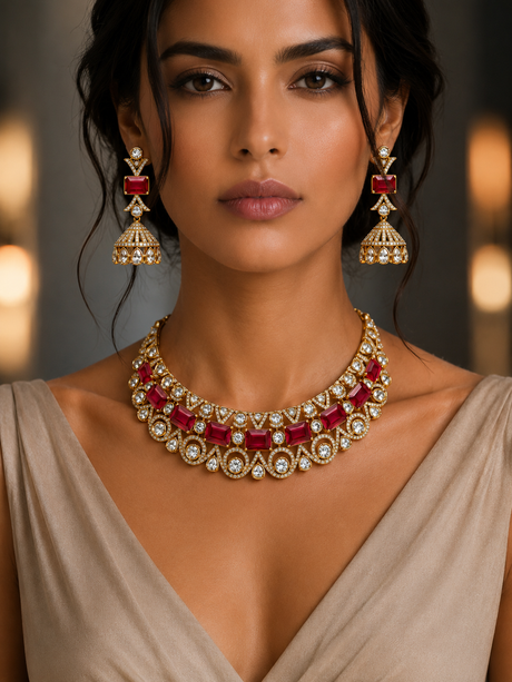 Woman wearing a luxurious gold and red jewelry set with a blurred background
