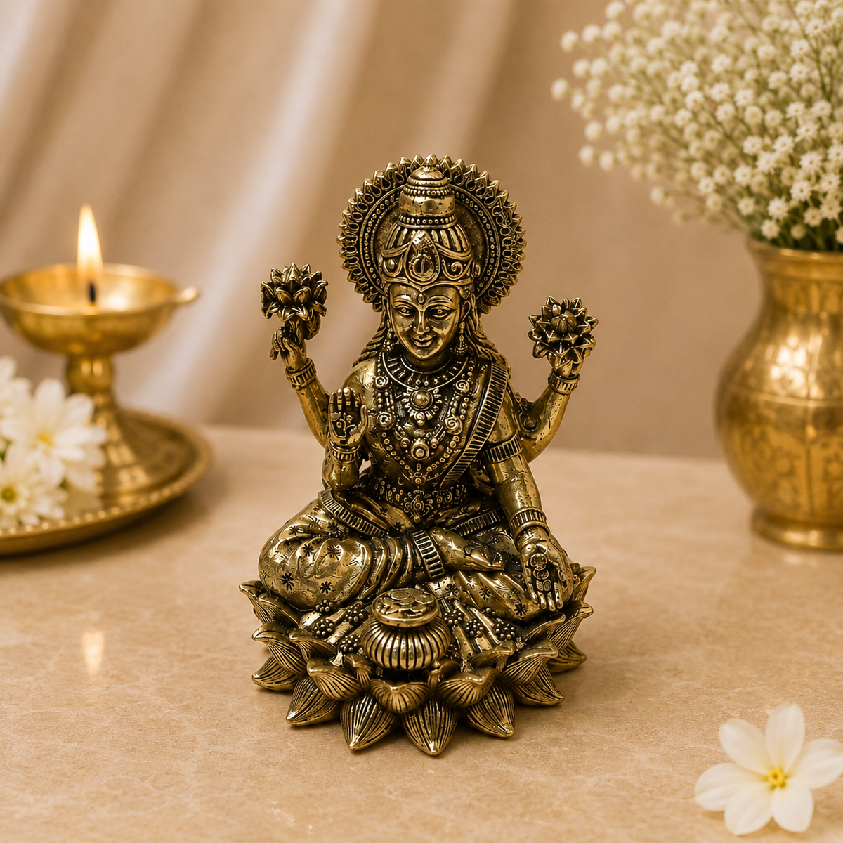 Lakshmi brass idol with kalash 2.5 inch, antique gold finish, paired with Ganesha for prosperity puja