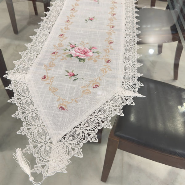 Rosavelle Pink Rose Embroidered Lace Table Runner