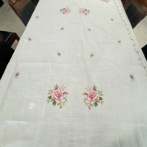 Rosabelle Pink Rose Embroidered Table Cover – 8 Seater (60×90 Inch)