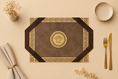 Decorative placemat with a central emblem on a beige surface with cutlery and flowers.