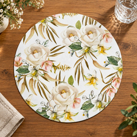 Ivory Blush Rose Botanical Vegan Leather Round Placemat 16" 