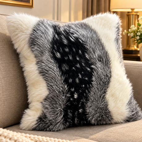 Ivory, Grey & Black Faux Fur Cushion Cover 