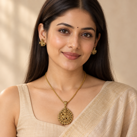  Krishna & Cow Pendant Necklace with Matching Earrings