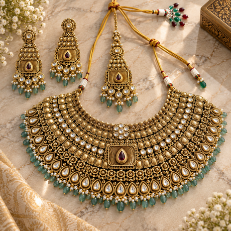 Kundan Fan Collar Necklace, Earrings & Maang Tikka