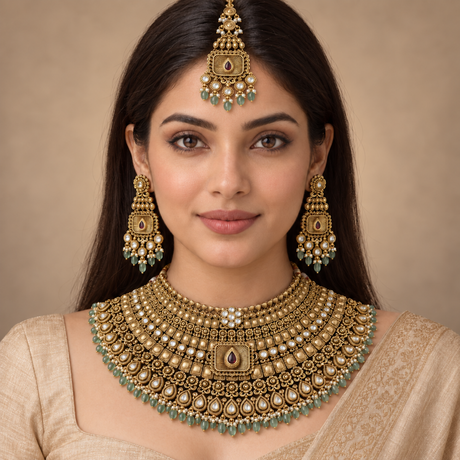 Kundan Fan Collar Necklace, Earrings & Maang Tikka