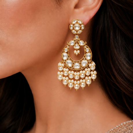 Close-up of a woman wearing a gold and pearl earring.