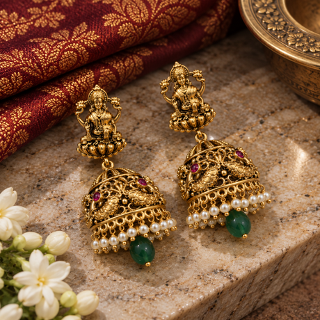  Lakshmi Motif Jhumka Earrings with Pearl Fringe