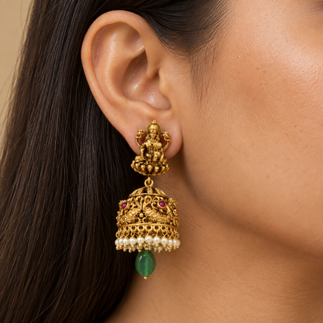  Lakshmi Motif Jhumka Earrings with Pearl Fringe