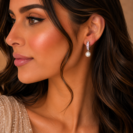 Close-up of a woman wearing pearl earrings with a neutral background
