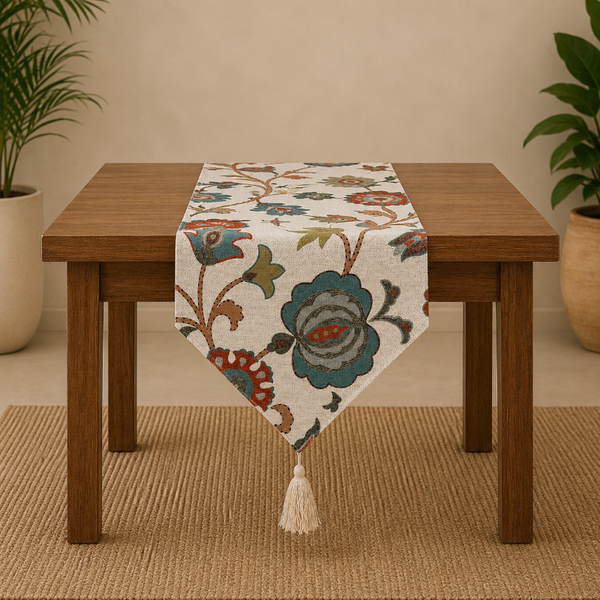 Floral table runner with tassel on a wooden table against a beige wall.