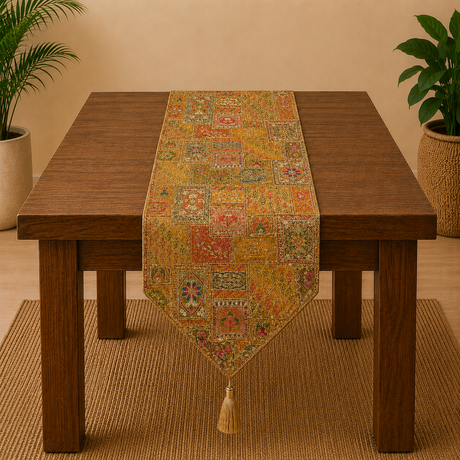 Decorative table runner with a patchwork design on a wooden table.