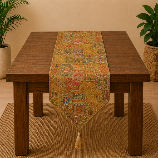 Decorative table runner with a patchwork design on a wooden table.