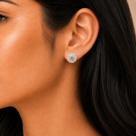 Close-up of a woman's ear wearing a diamond earring with a neutral background