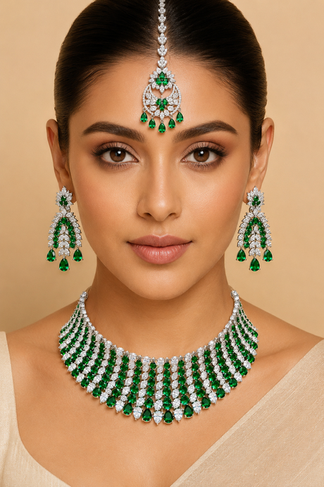 Woman wearing a green and white jewelry set with earrings and a necklace on a beige background