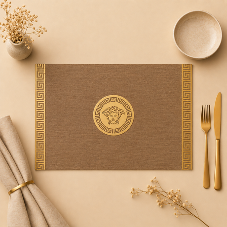 Brown placemat with gold emblem, fork, knife, and folded napkin on a beige surface.