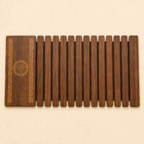 Wooden cutting board with decorative emblem on a beige background