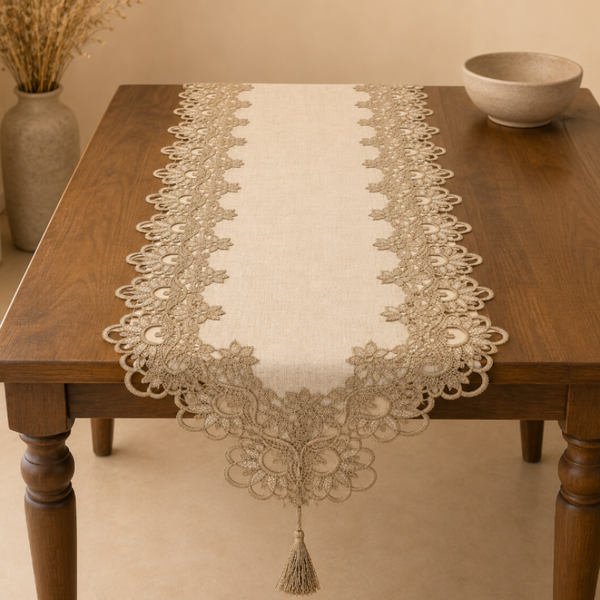 Decorative lace table runner on a wooden table with a neutral background