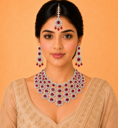 Woman wearing a traditional necklace and earrings with a peach background