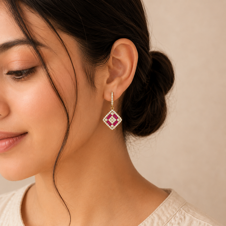 Close-up of a woman wearing a diamond earring with a red gemstone on a neutral background