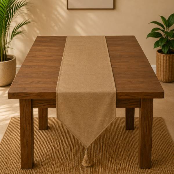 Wooden dining table with a beige runner and tassels in a room with plants and a rug.
