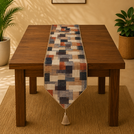 Wooden table with a geometric patterned table runner in a home setting.