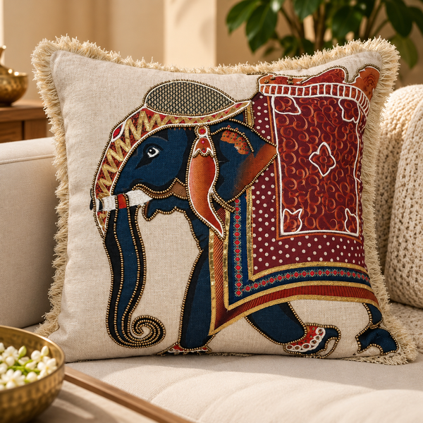Royal Gajraj Elephant Embroidered Cushion Cover 16x16 inch