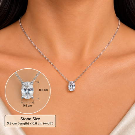 A silver chain necklace with an oval clear gemstone pendant is shown on a model's neck. A circular inset highlights the pendant and includes dimensions for the stone size, with text reading 0.