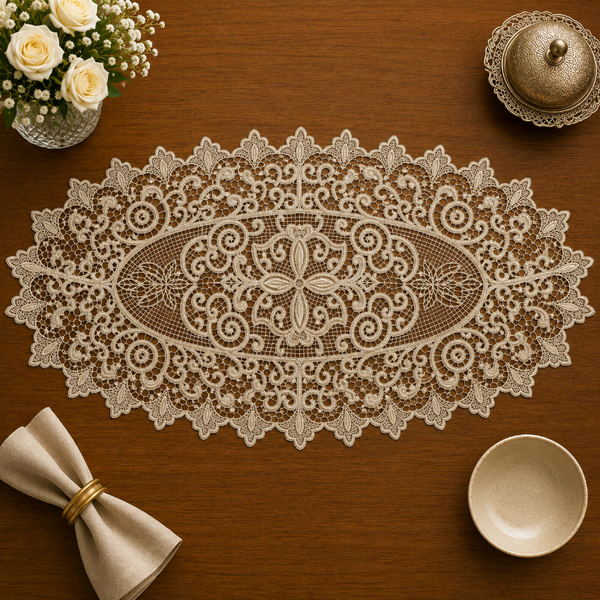 Table Runner Linen Oval Cutwork Lace 16x36