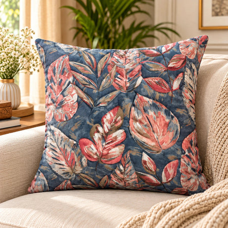 Blue and coral floral cushion cover styled on a beige sofa in a modern living room