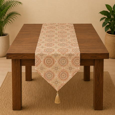 Wooden table with a patterned table runner and tassel, set against a neutral background.