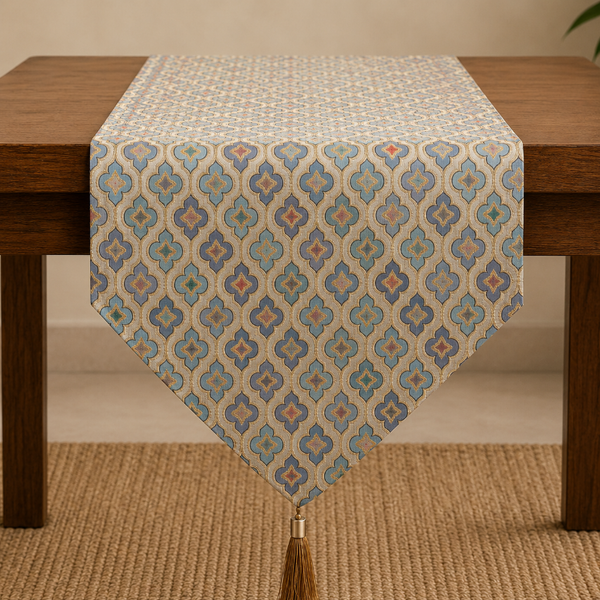 Patterned table runner with tassel on a wooden table