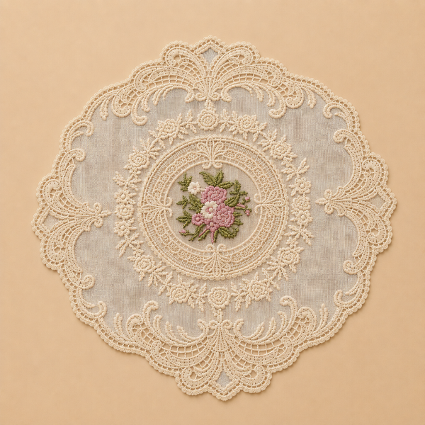 Rosa Embroidered beige Net Lace  Oval Coaster 12 Inch