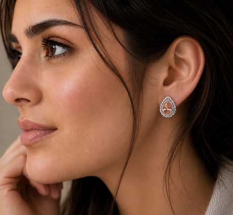 Close-up of a woman wearing a diamond earring with a central gemstone.