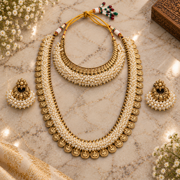 Pearl Cluster Choker & Haram with Chandbali Earrings