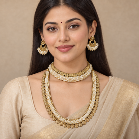 Pearl Cluster Choker & Haram with Chandbali Earrings