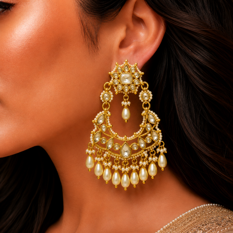 Close-up of a woman wearing a gold and pearl earring.