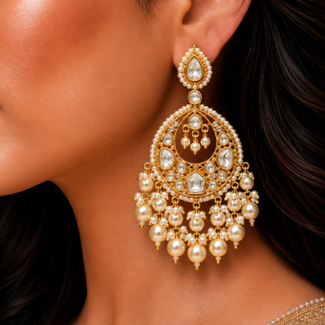 Close-up of a woman wearing a gold and pearl earring.