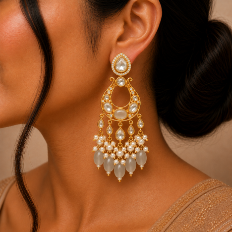 Close-up of a woman wearing a gold and pearl earring against a neutral background